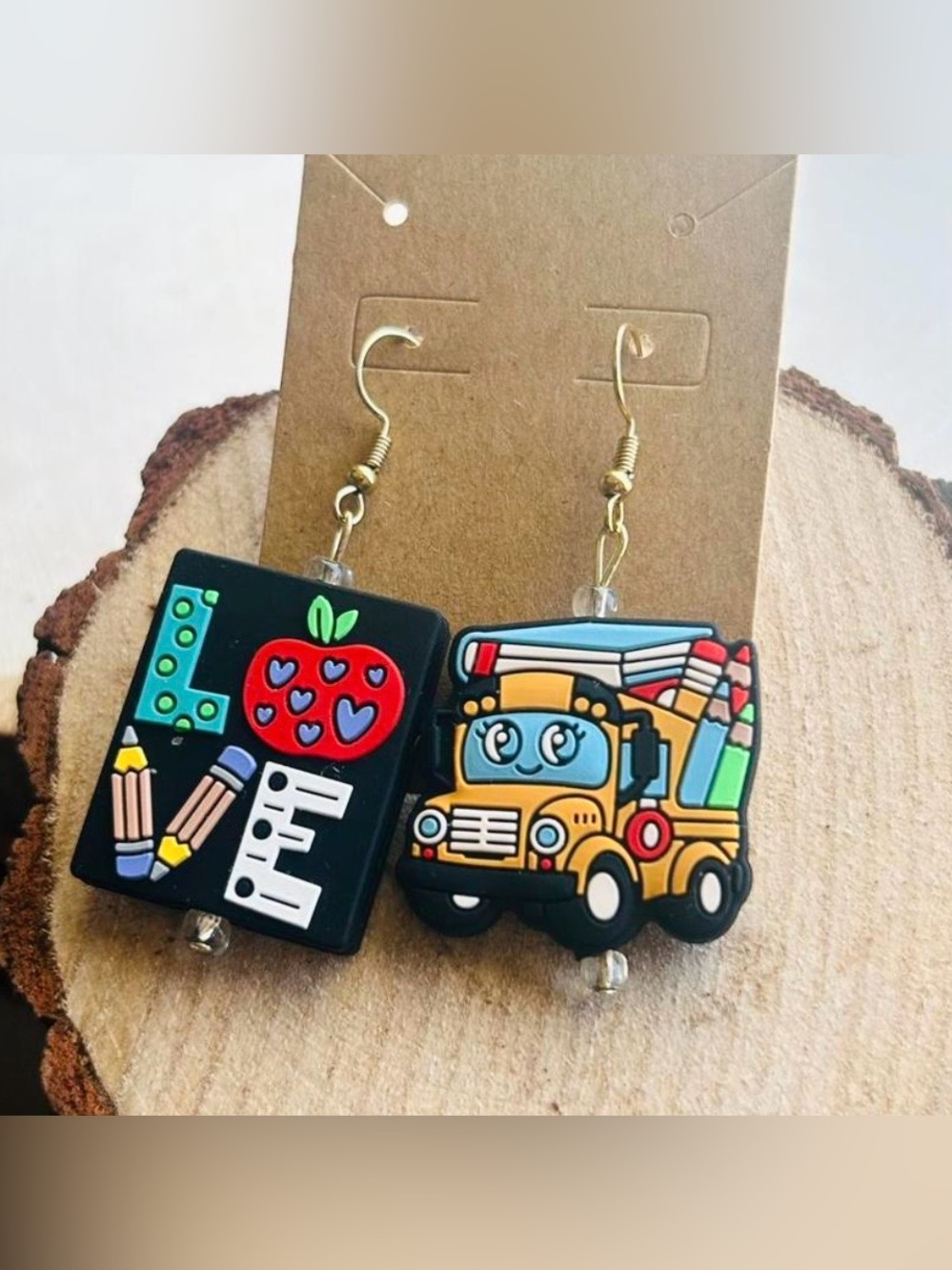Teacher School Dangle Earrings | Apple & School Bus - Picture 1 of 6